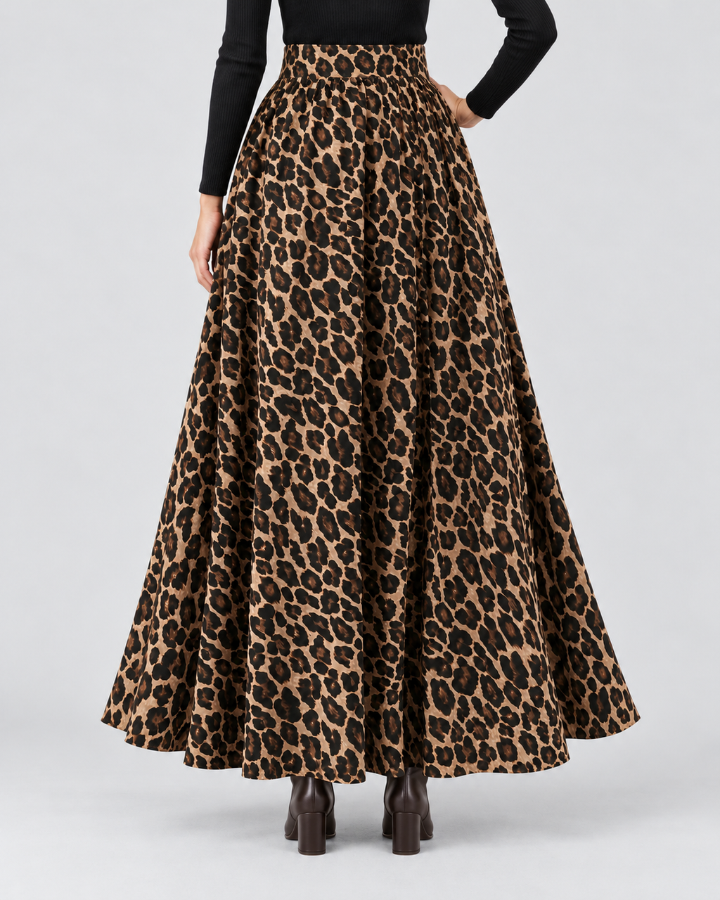 Leopard Print High Waist Maxi Skirt in Leopard Print, back view on model