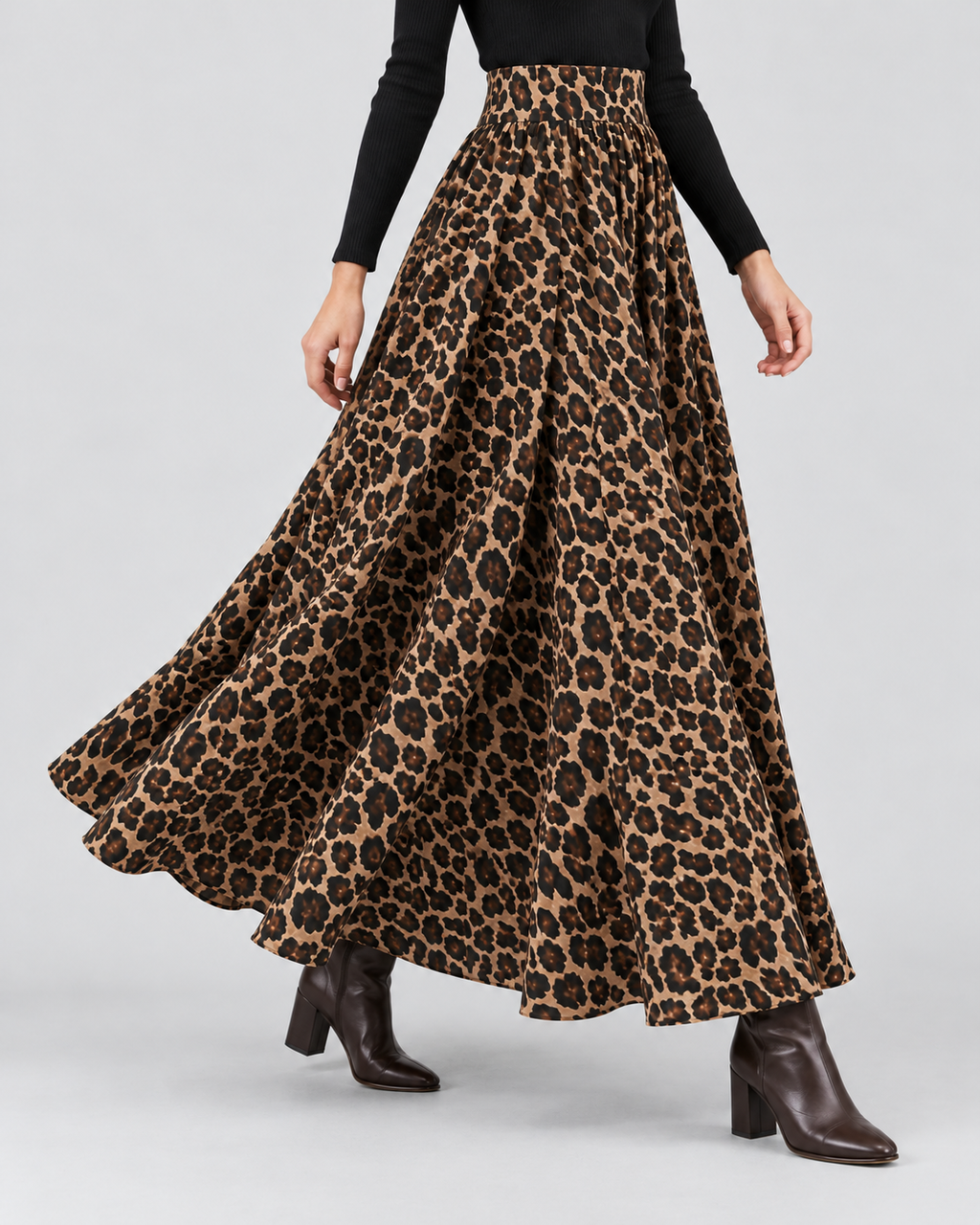 Leopard Print High Waist Maxi Skirt in Leopard Print, three-quarter side view on model, walking