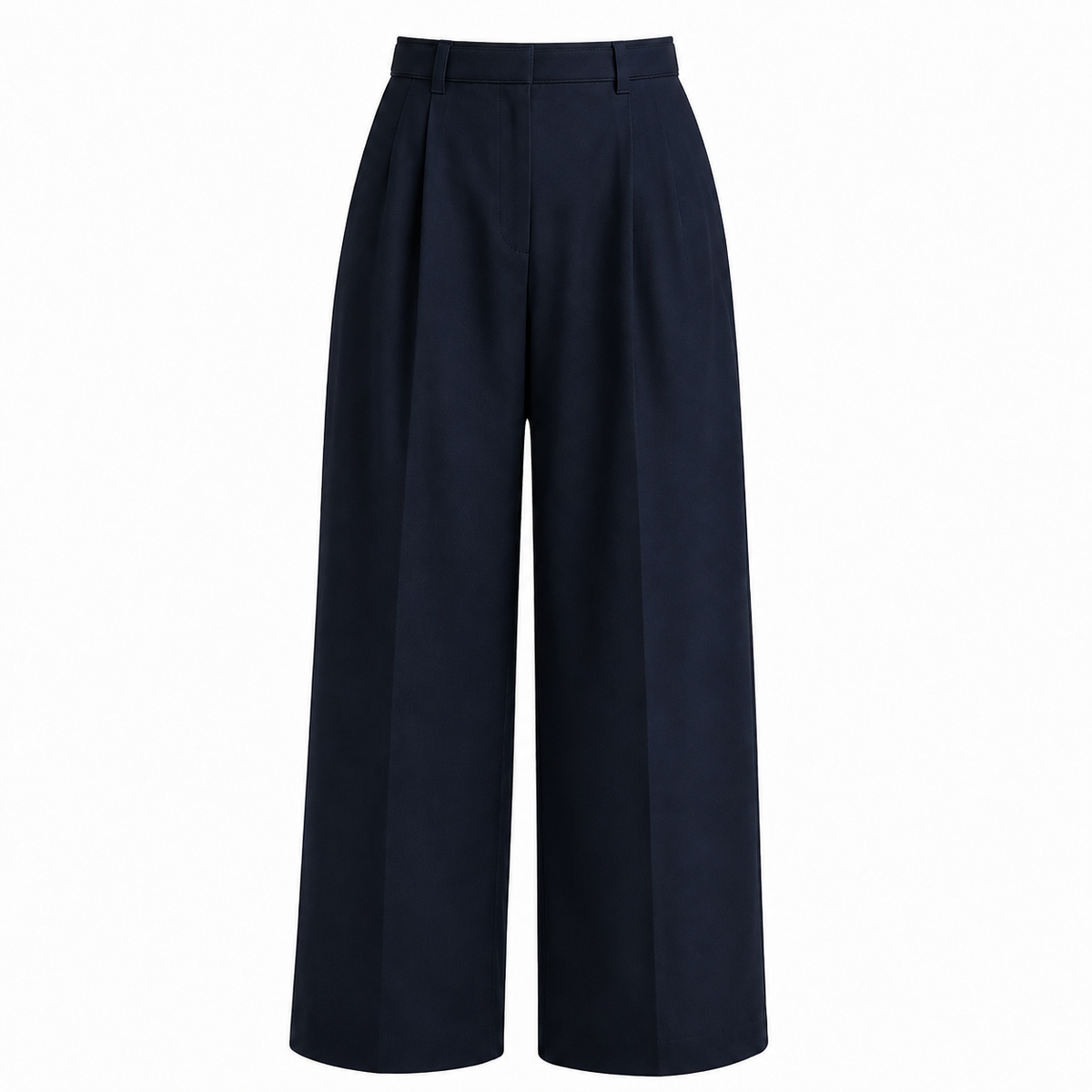 Navy Pleated Wide Leg Trousers in Navy Blue, laid flat