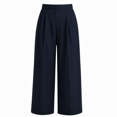 Navy Pleated Wide Leg Trousers