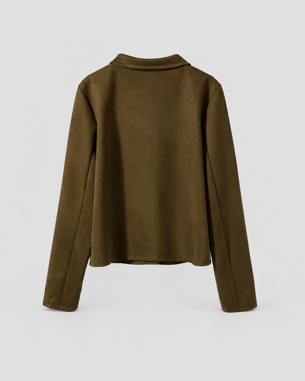 Faux Suede Cropped Collared Jacket in Olive Green, back view on its own