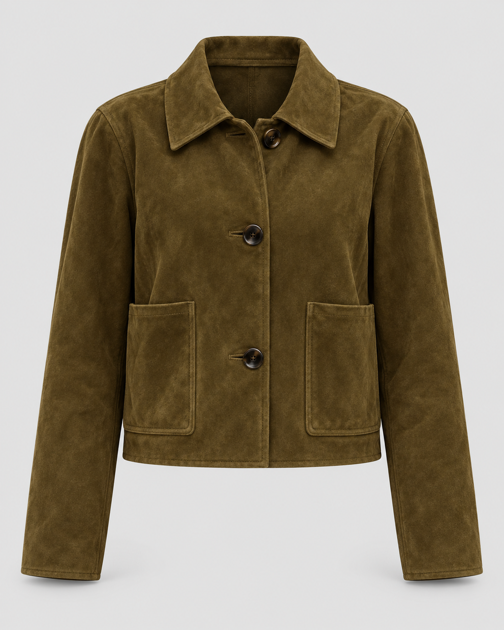 Faux Suede Cropped Collared Jacket in Olive Green, front view on its own