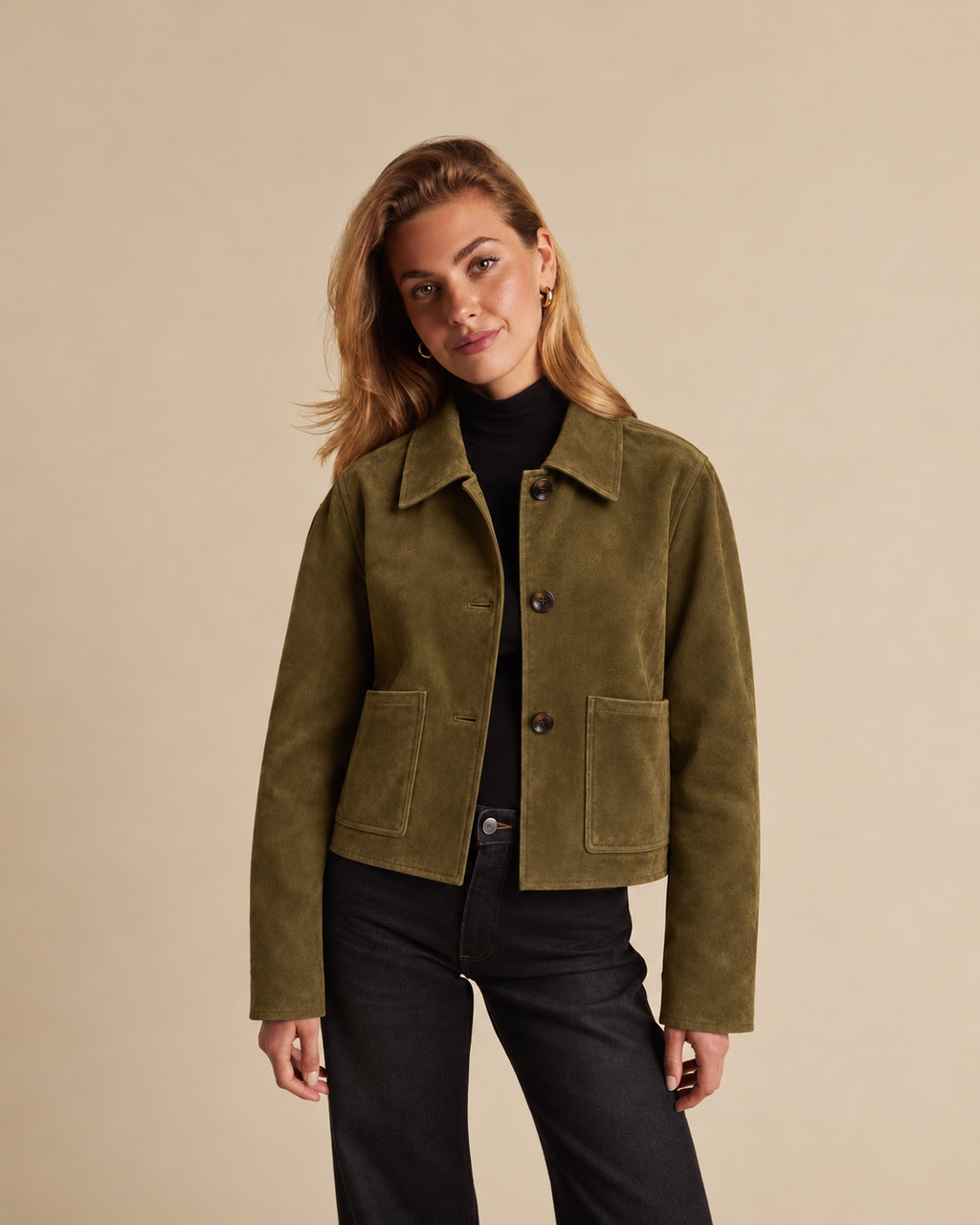 Faux Suede Cropped Collared Jacket in Olive Green, front view on model