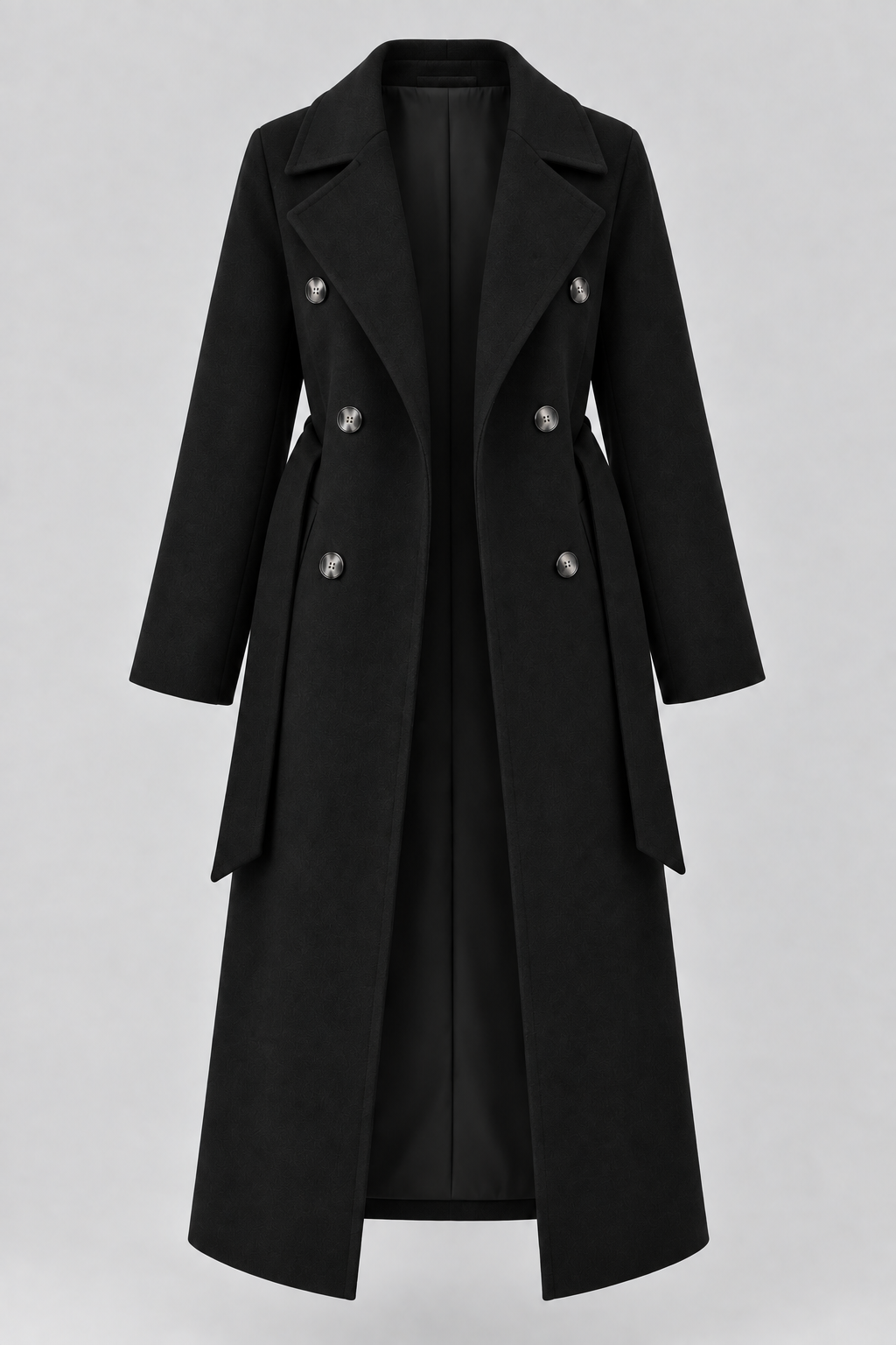 Double-Breasted Belted Longline Coat in Black, laid flat and open to show the lining