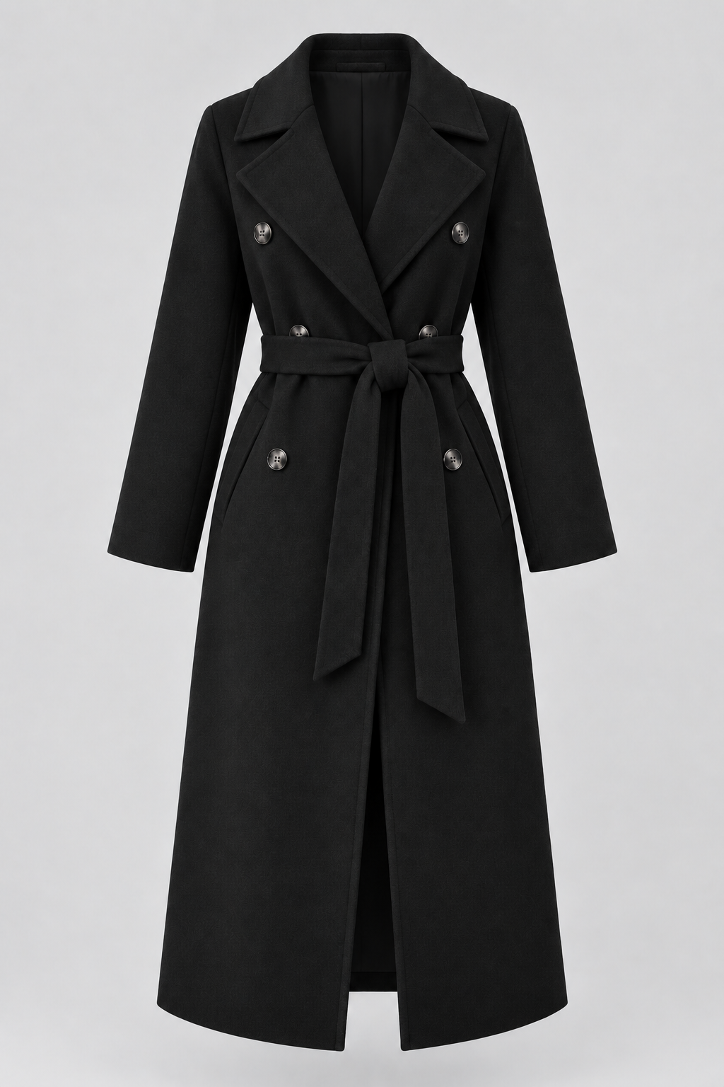 Double-Breasted Belted Longline Coat in Black, laid flat with the belt tied