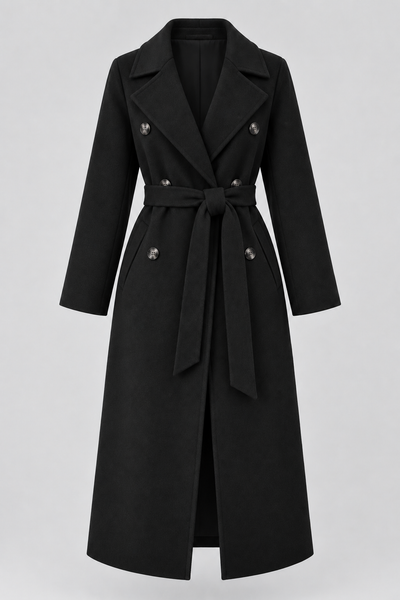 Double-Breasted Belted Longline Coat in Black, laid flat with the belt tied