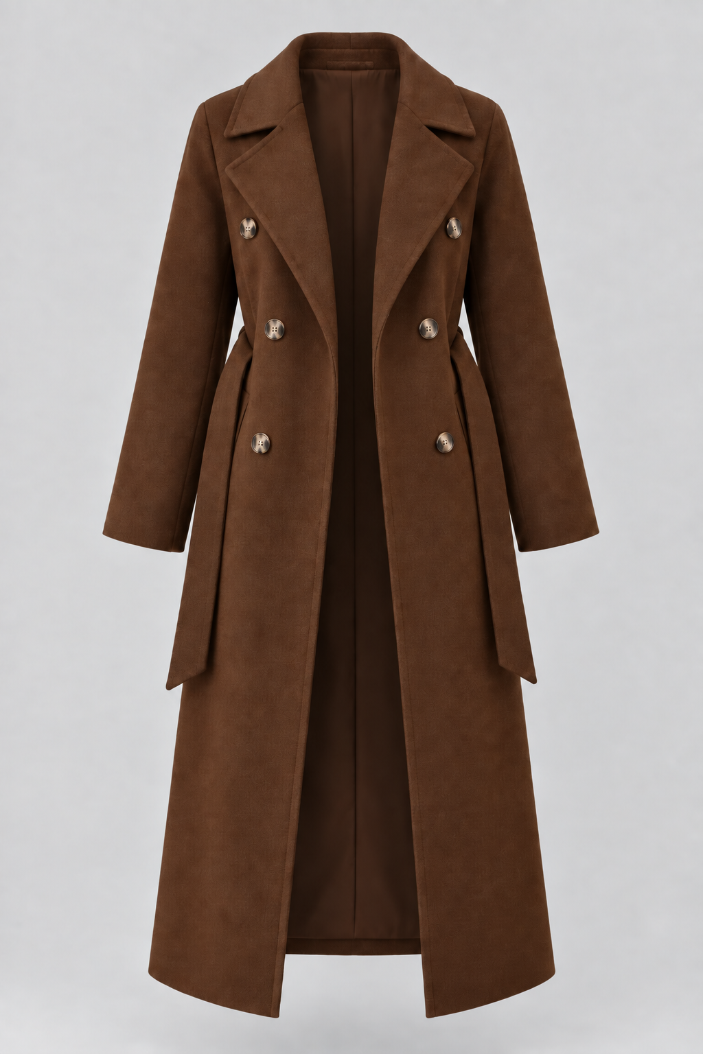 Double-Breasted Belted Longline Coat in Mocha Brown, laid flat and open to show the lining