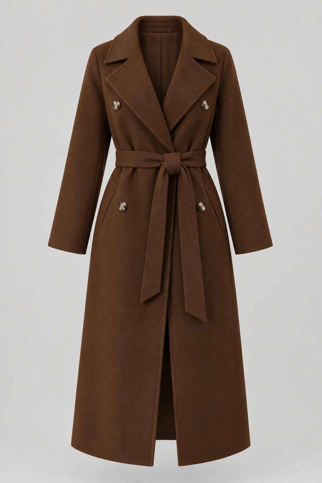 Double-Breasted Belted Longline Coat in Mocha Brown, laid flat with the belt tied
