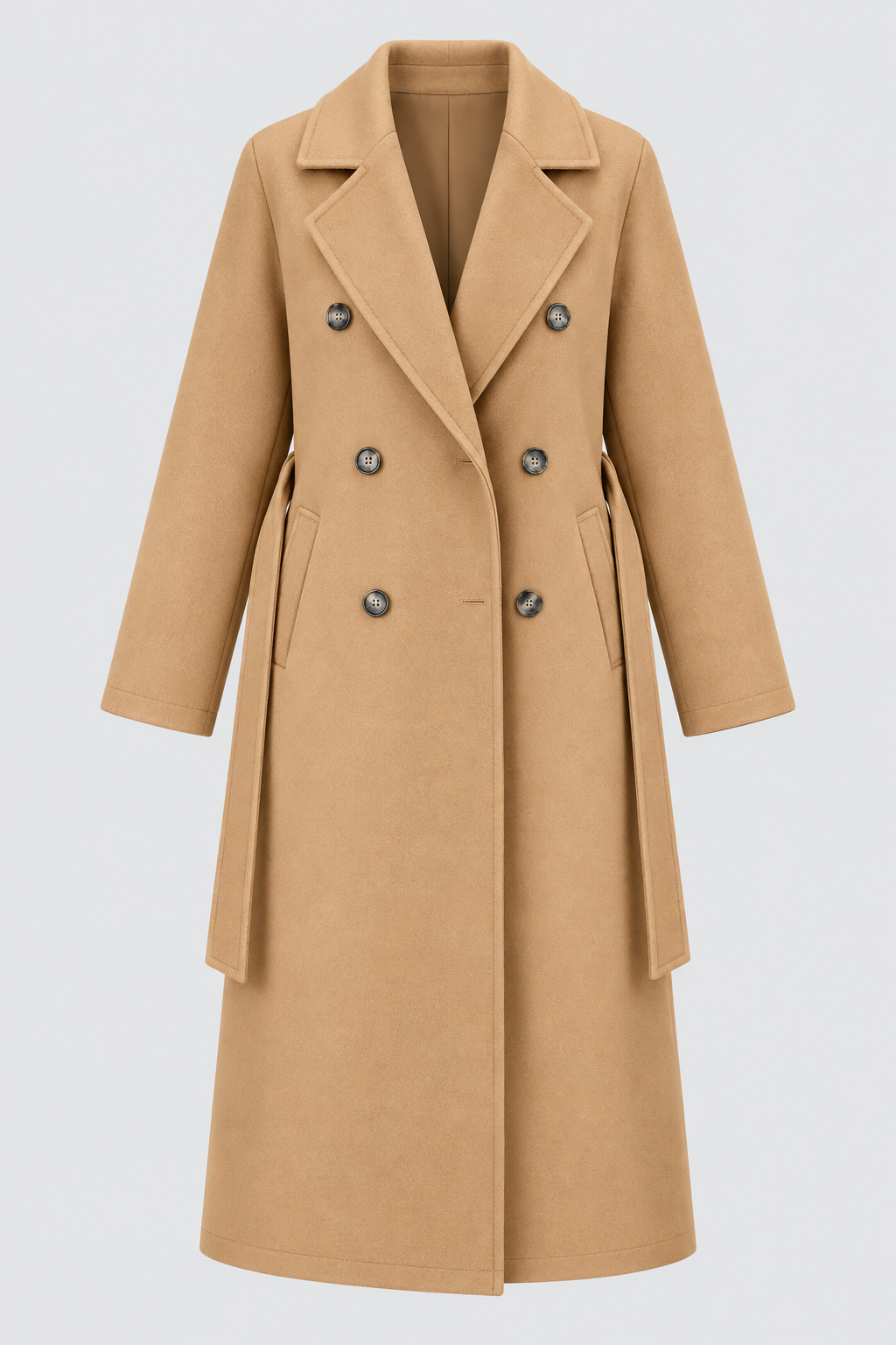 Double-Breasted Belted Longline Coat in Camel, laid flat and open to show the lining