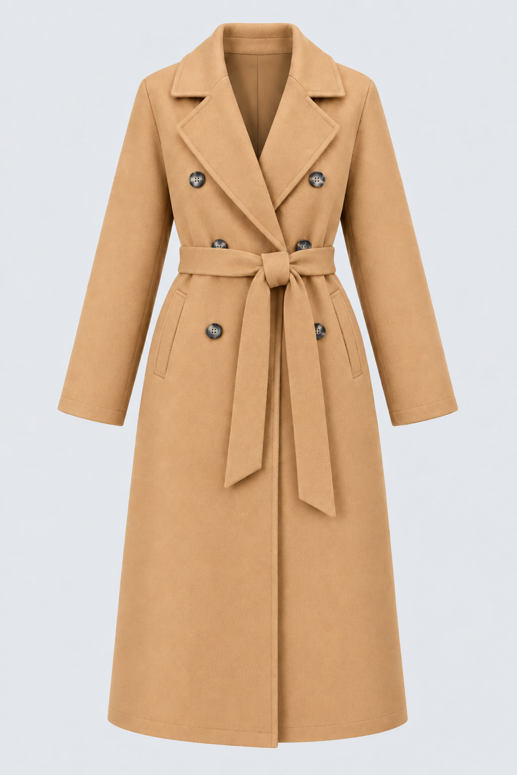 Double-Breasted Belted Longline Coat in Camel, laid flat with the belt tied
