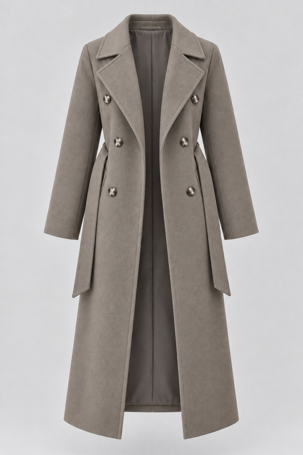 Double-Breasted Belted Longline Coat in Taupe, laid flat and open to show the lining