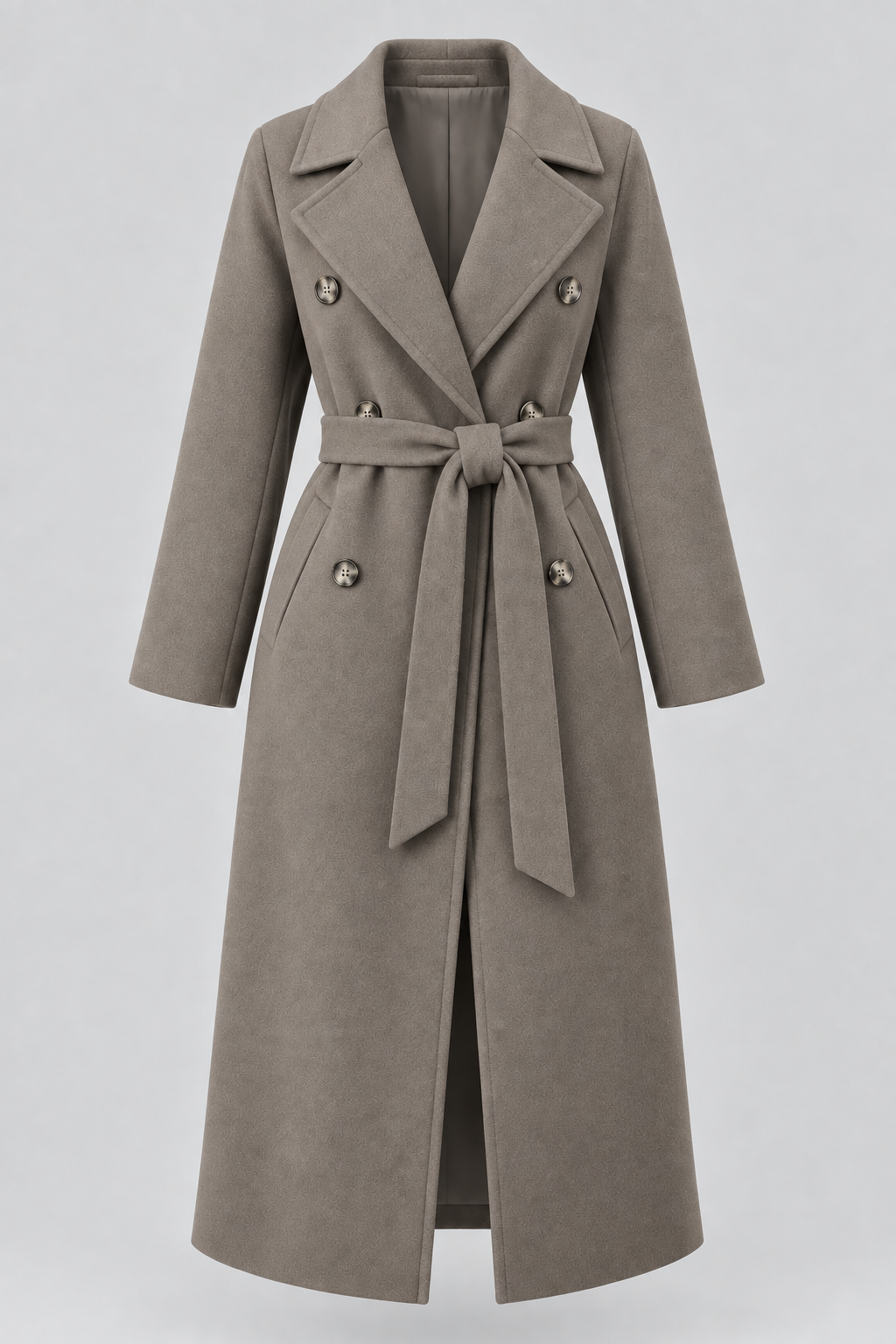 Double-Breasted Belted Longline Coat in Taupe, laid flat with the belt tied