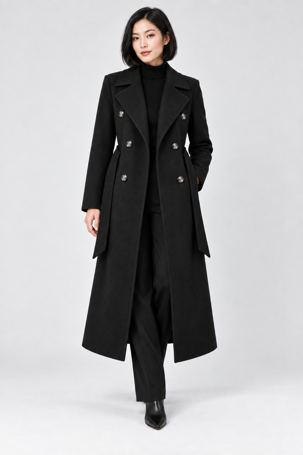 Double-Breasted Belted Longline Coat in Black, front view, worn open over a black roll neck