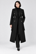 Double-Breasted Belted Longline Coat in Black, front view, worn open over a black roll neck