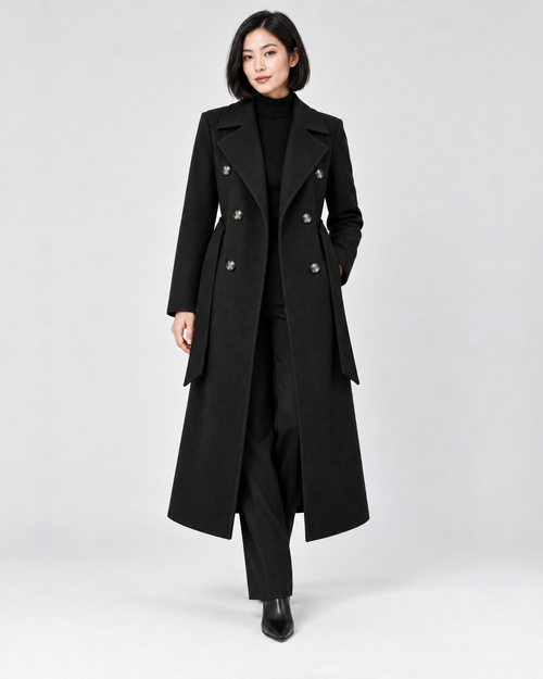 Double-Breasted Belted Longline Coat in Black, front view, worn open over a black roll neck