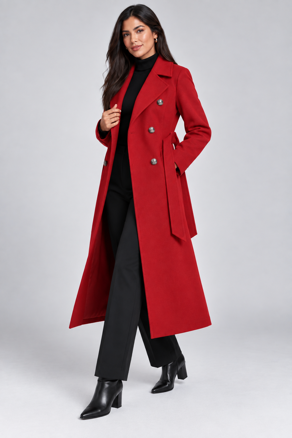 Double-Breasted Belted Longline Coat in Red, three-quarter view, worn open