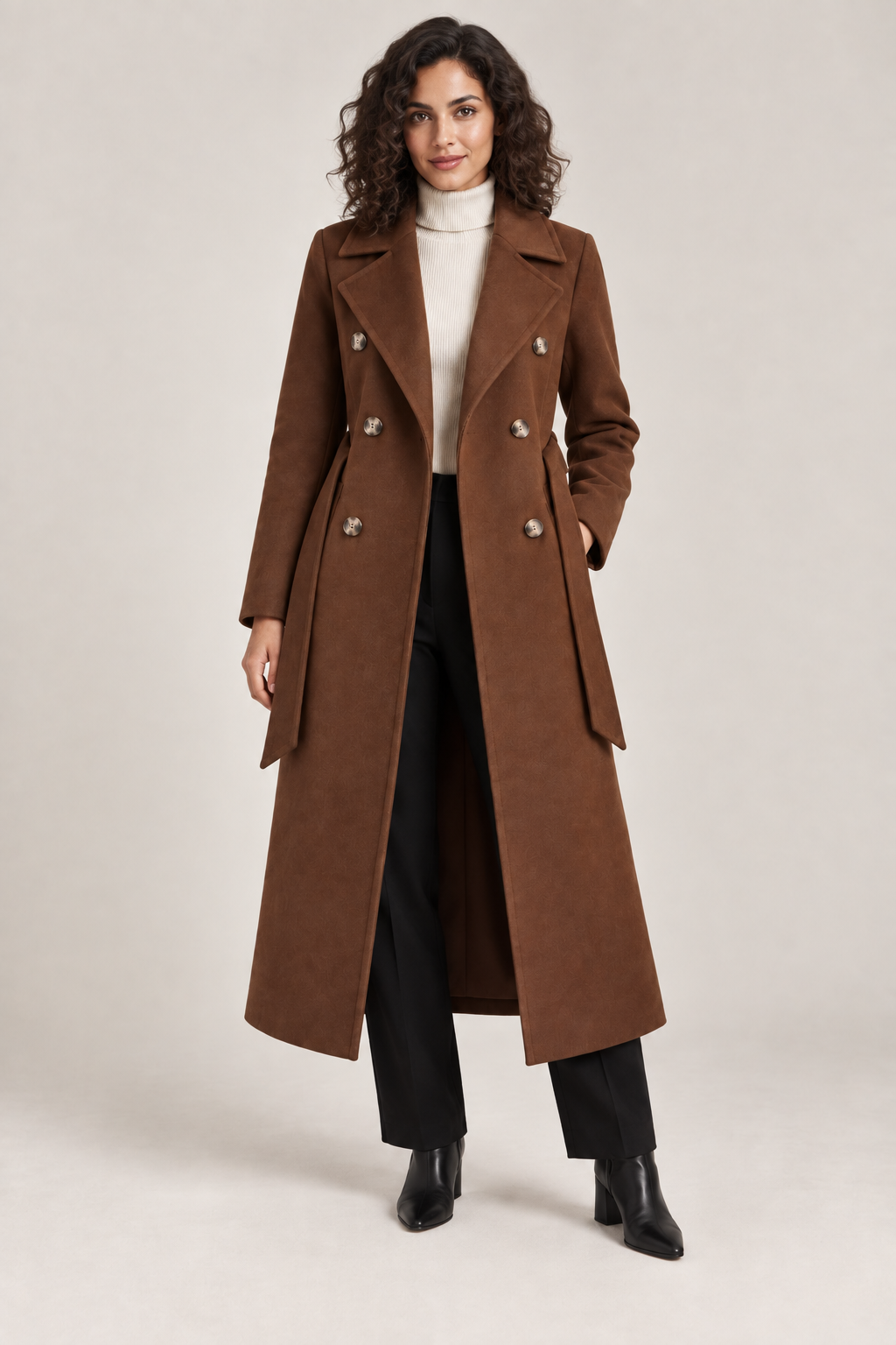 Double-Breasted Belted Longline Coat in Mocha Brown, front view, worn open over a cream roll neck