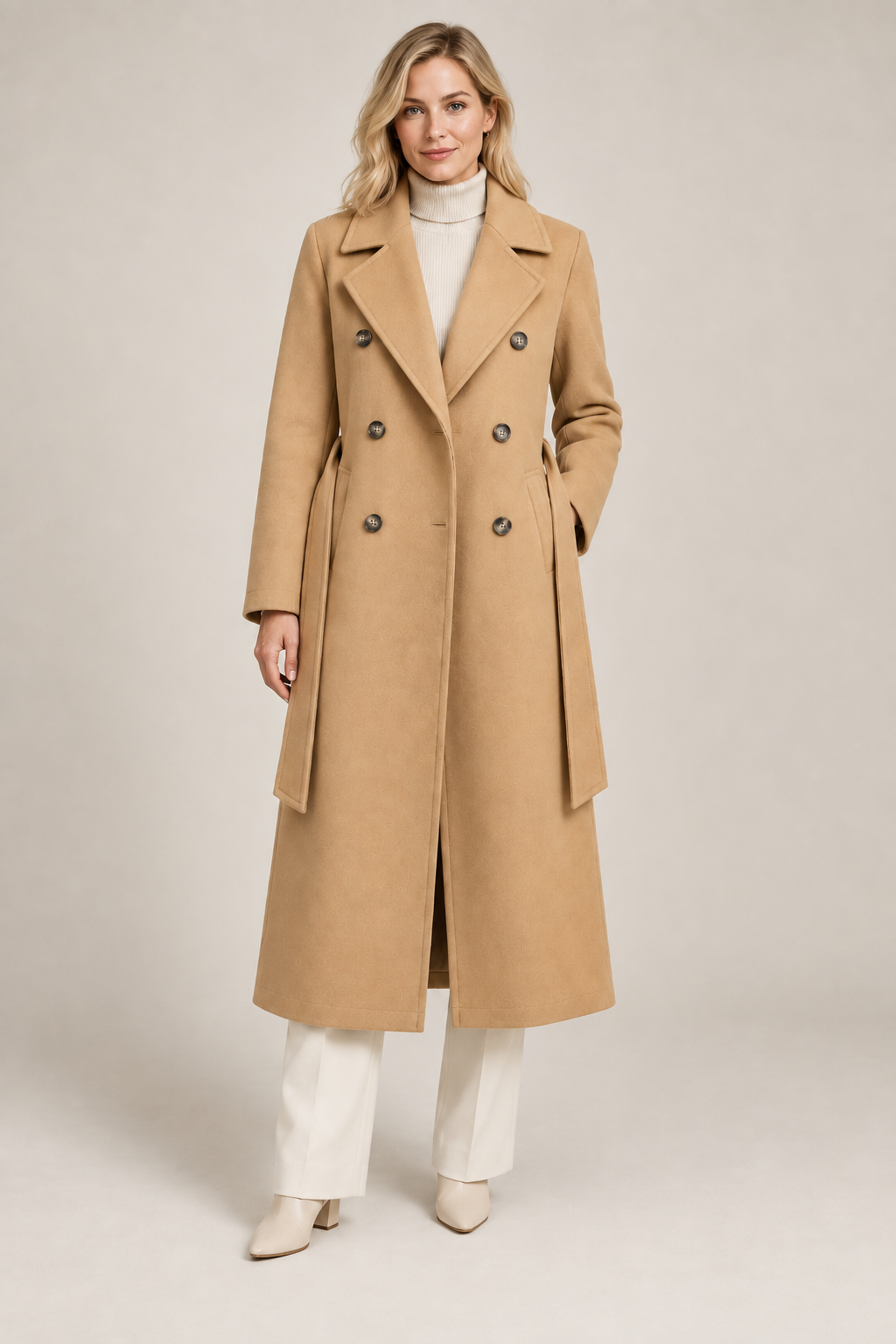 Double-Breasted Belted Longline Coat in Camel, front view, buttoned over a cream roll neck