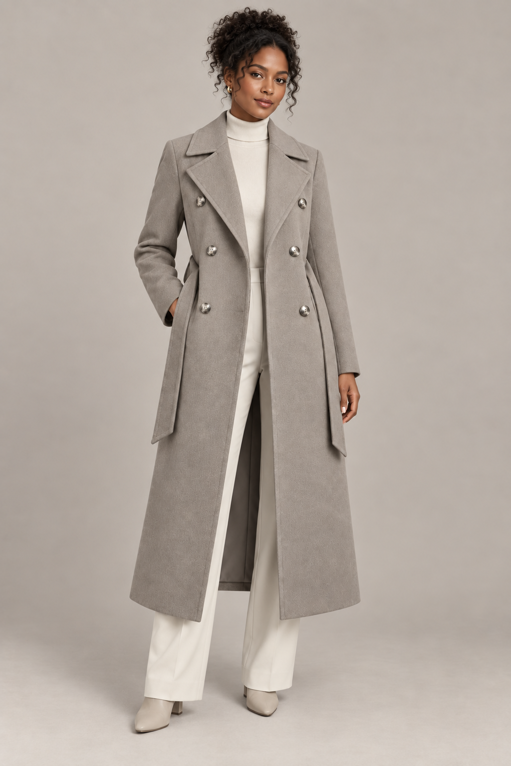 Double-Breasted Belted Longline Coat in Taupe, front view, worn open over a cream roll neck