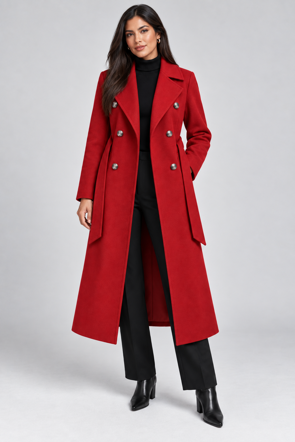 Double-Breasted Belted Longline Coat in Red, front view, worn open over a black roll neck