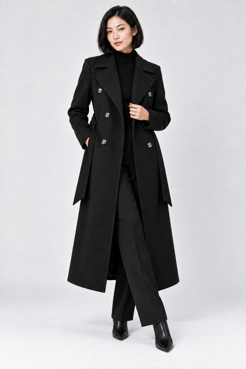 Double-Breasted Belted Longline Coat in Black, stepping forward, one hand at the lapel