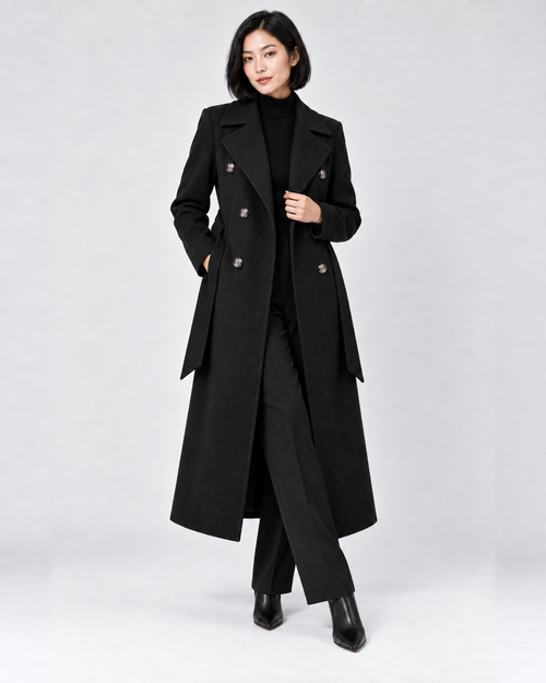 Double-Breasted Belted Longline Coat in Black, stepping forward, one hand at the lapel