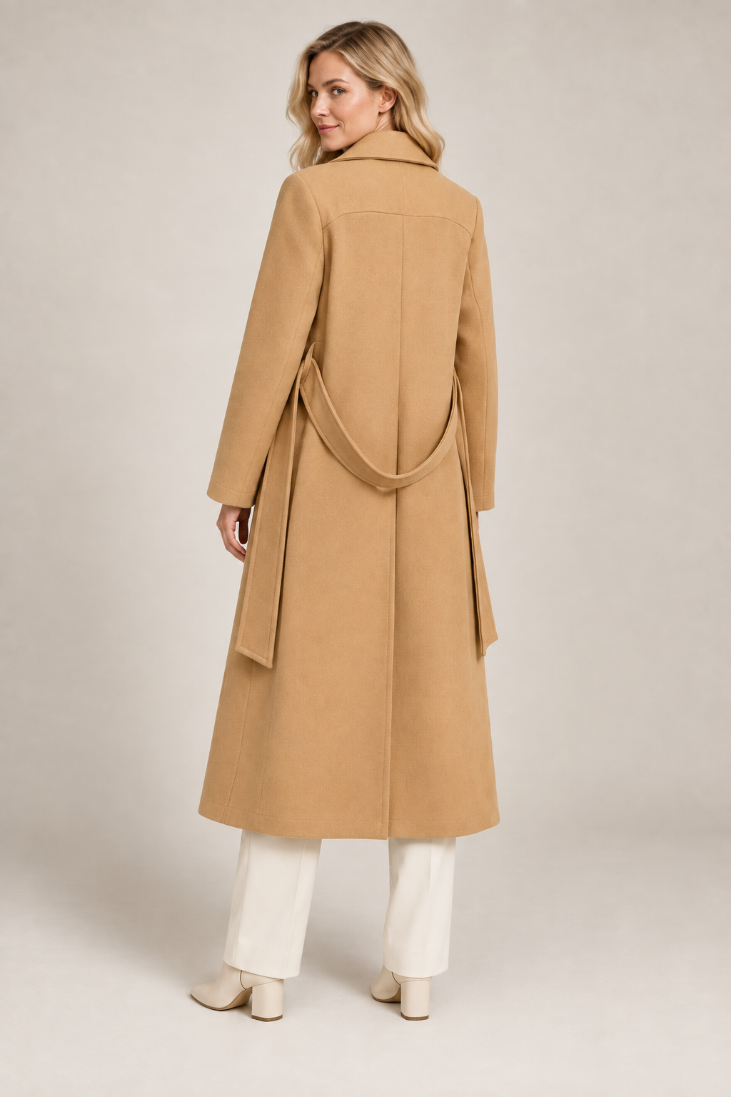 Double-Breasted Belted Longline Coat in Camel, back view with the belt looped behind