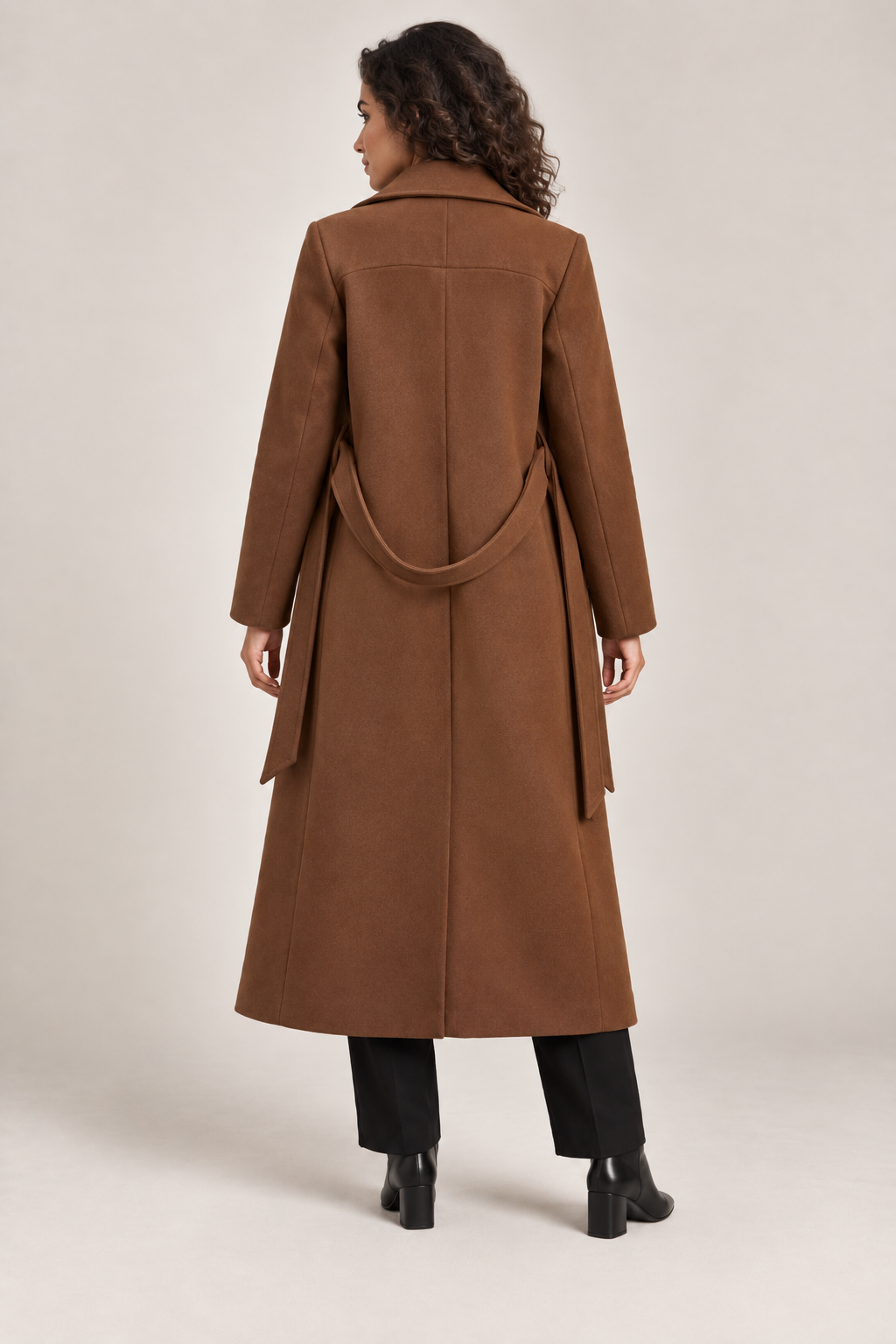 Double-Breasted Belted Longline Coat in Mocha Brown, back view with the belt looped behind