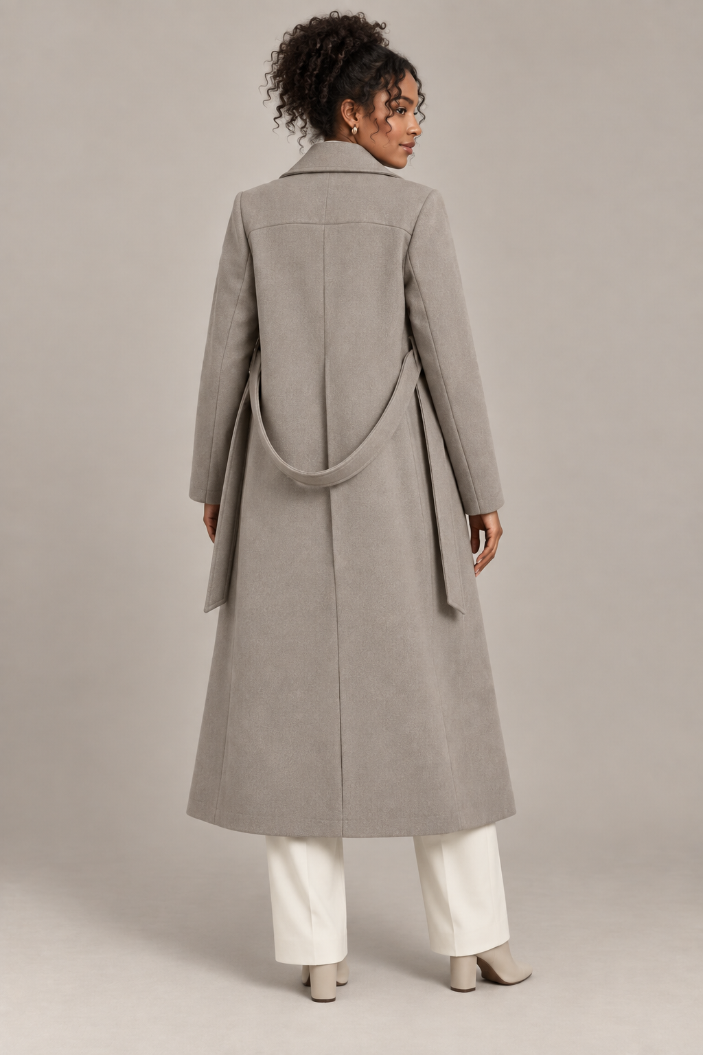 Double-Breasted Belted Longline Coat in Taupe, back view with the belt looped behind
