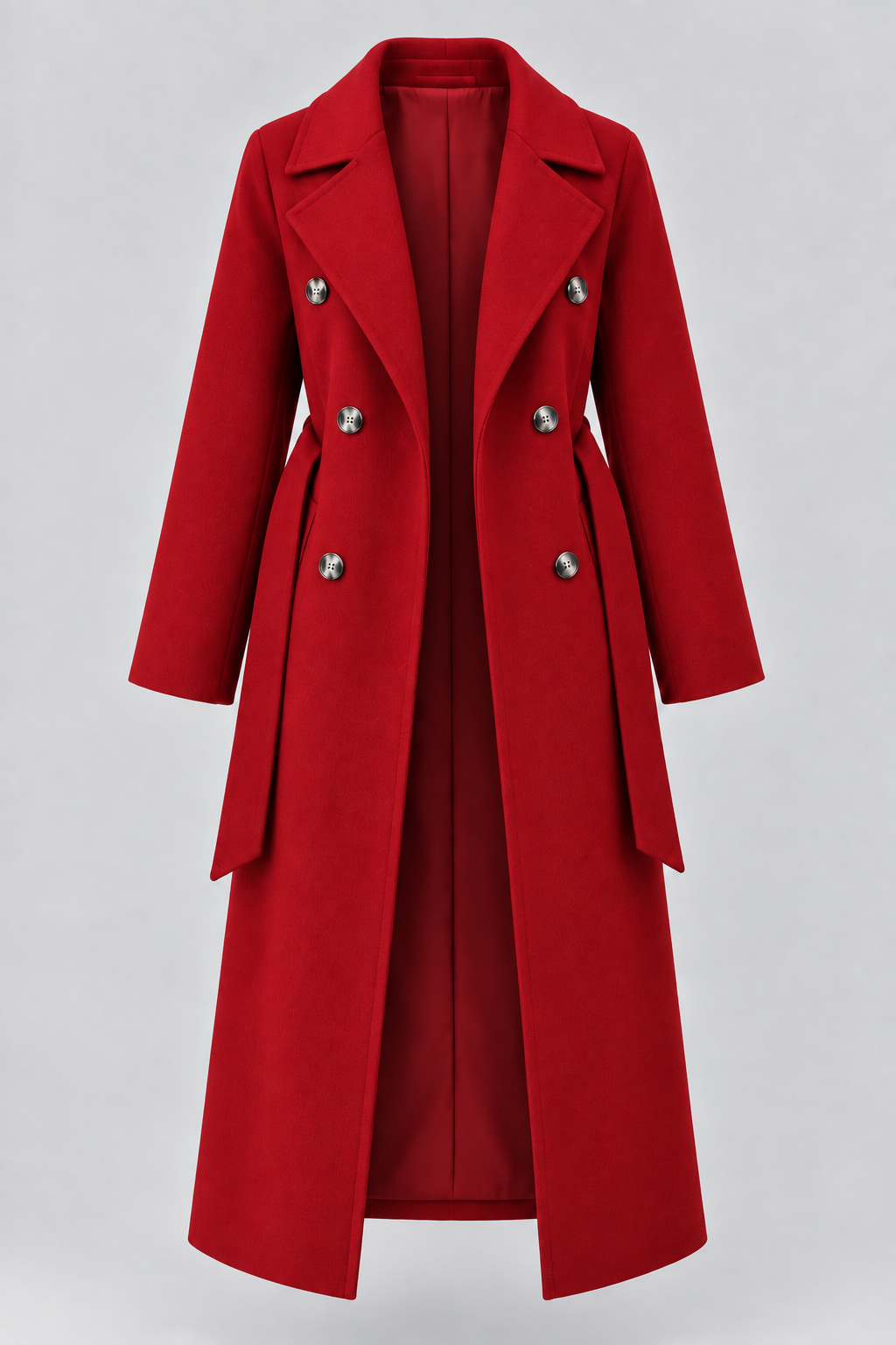 Double-Breasted Belted Longline Coat in Red, laid flat and open to show the lining