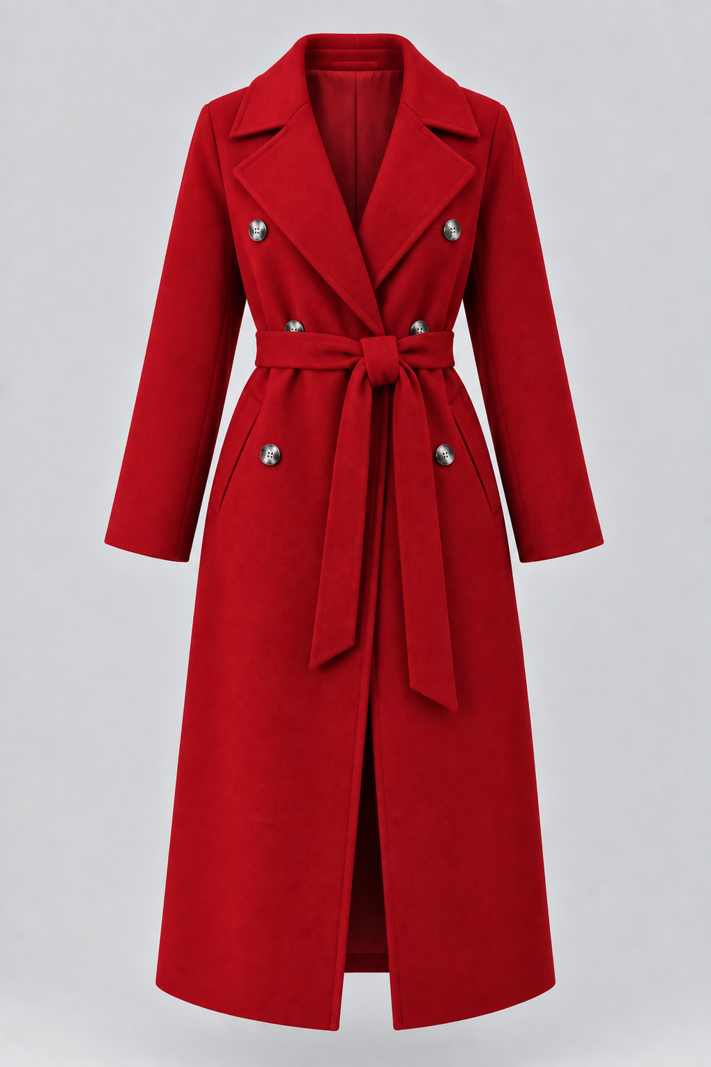 Double-Breasted Belted Longline Coat in Red, laid flat with the belt tied