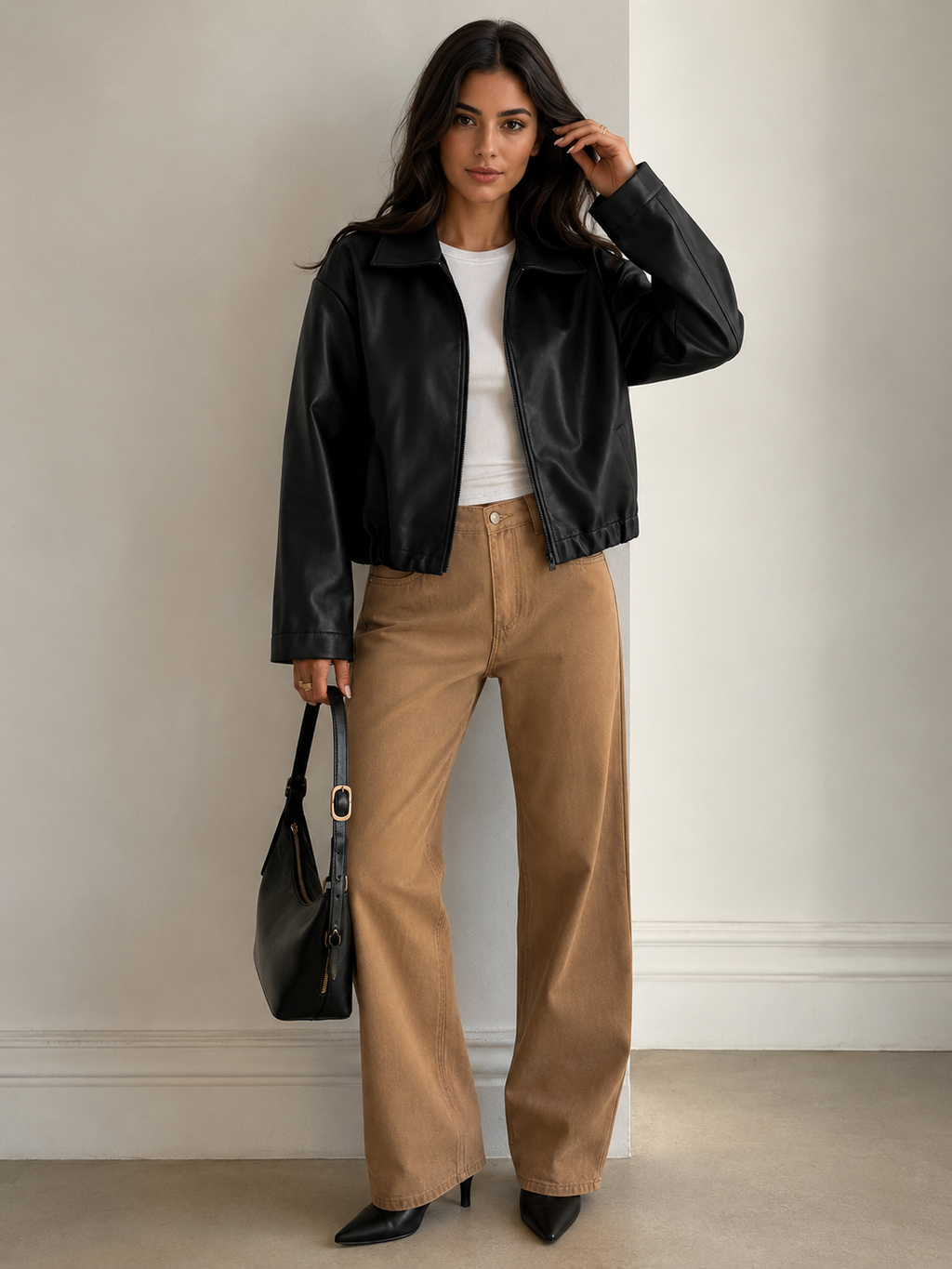 Black faux leather bomber jacket