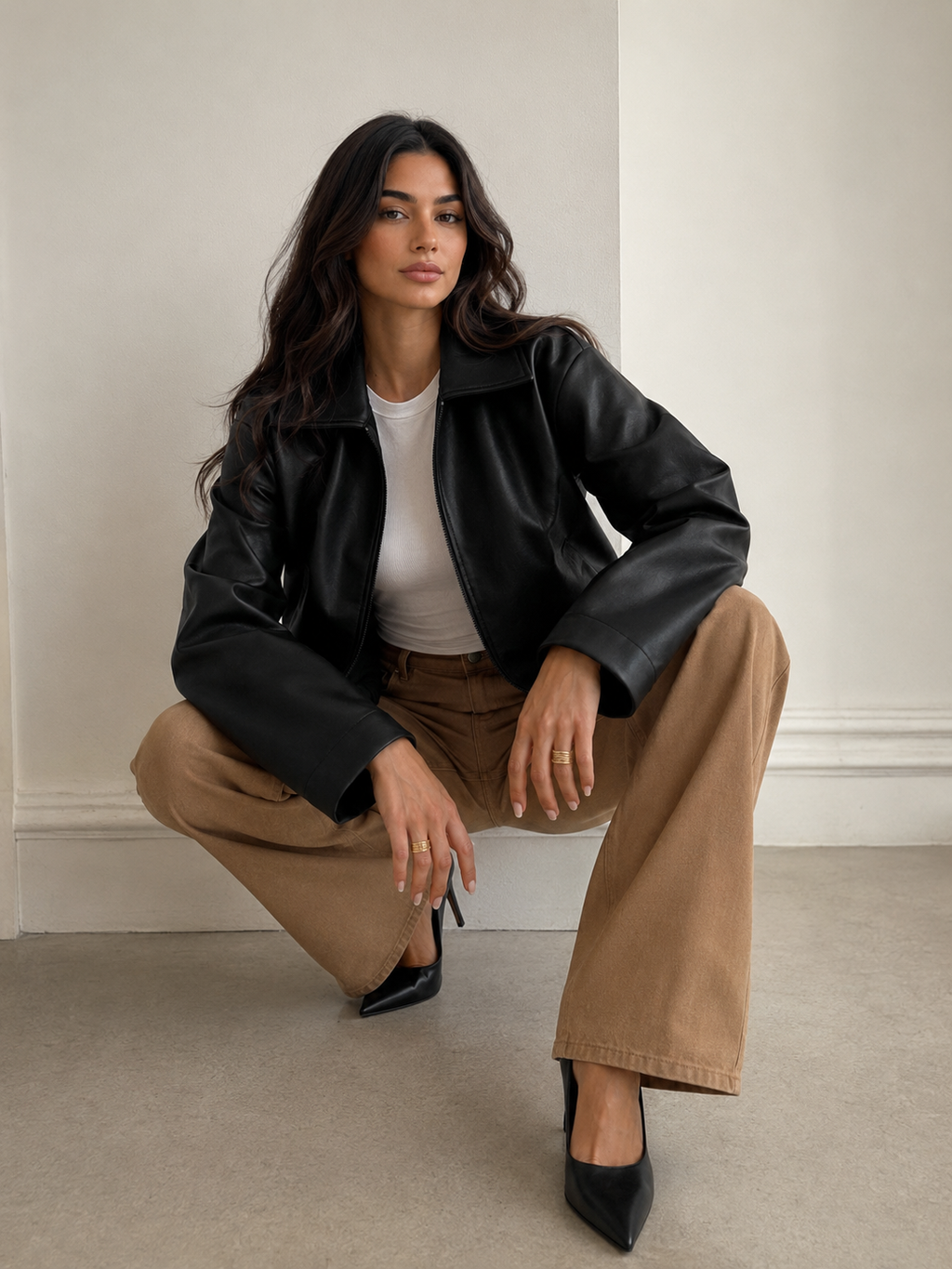 Black faux leather bomber jacket