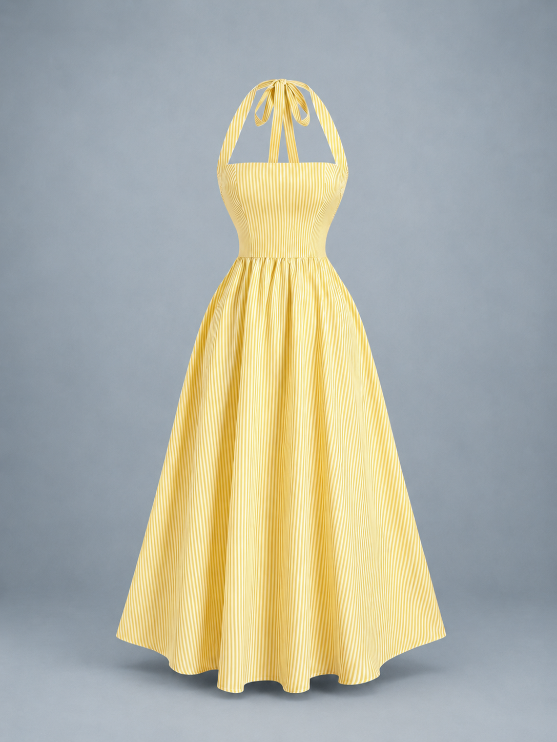 The yellow pinstripe halter maxi dress on its own, full length