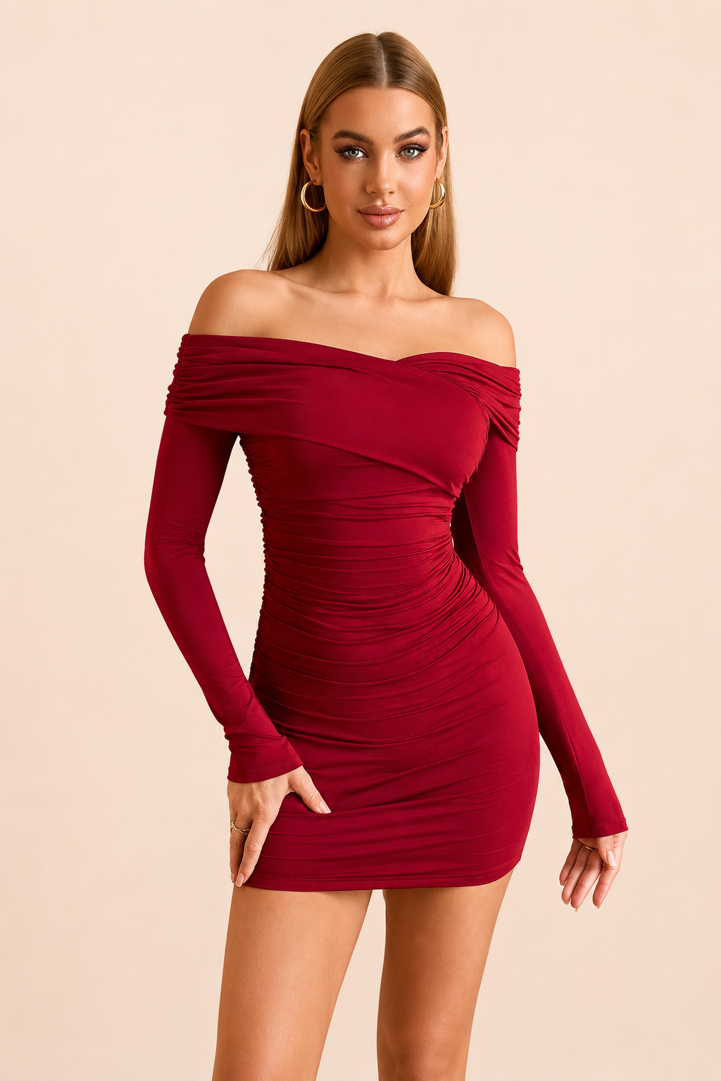Off-Shoulder Ruched Bodycon Mini Dress