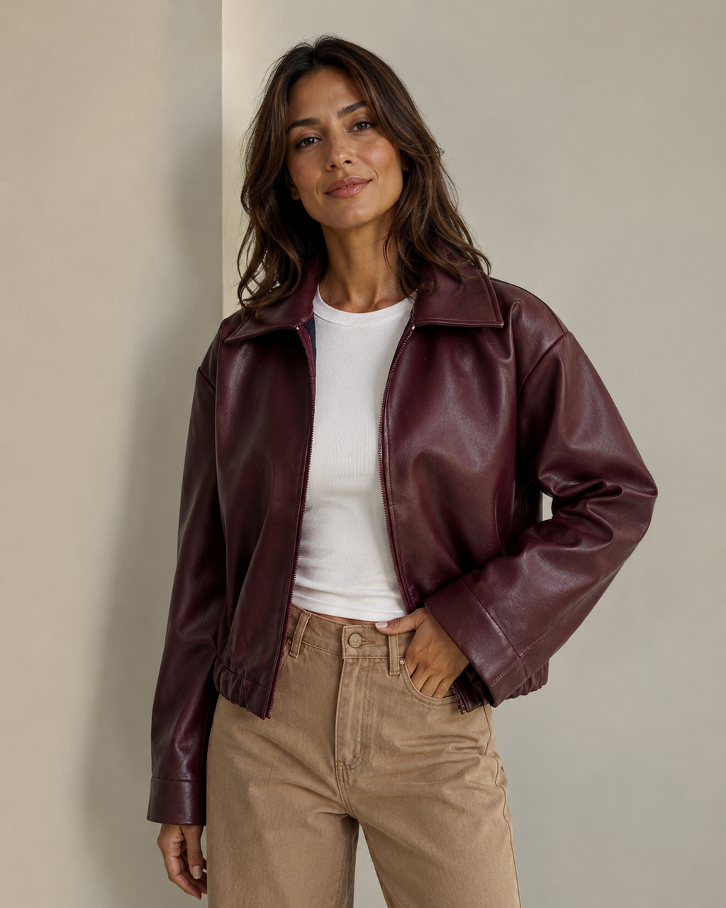 Burgundy faux leather bomber jacket