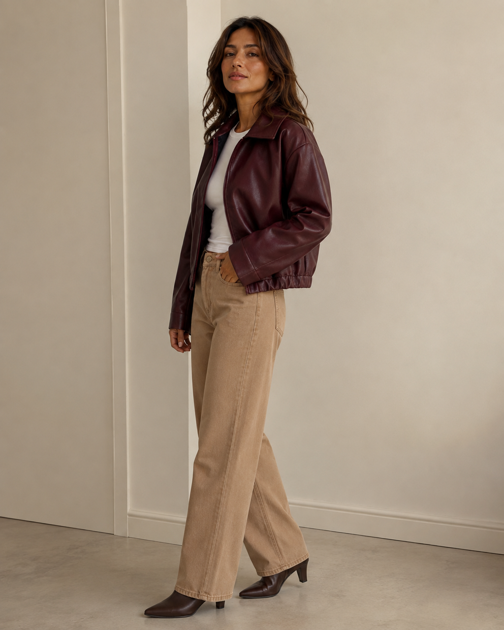 Burgundy faux leather bomber jacket