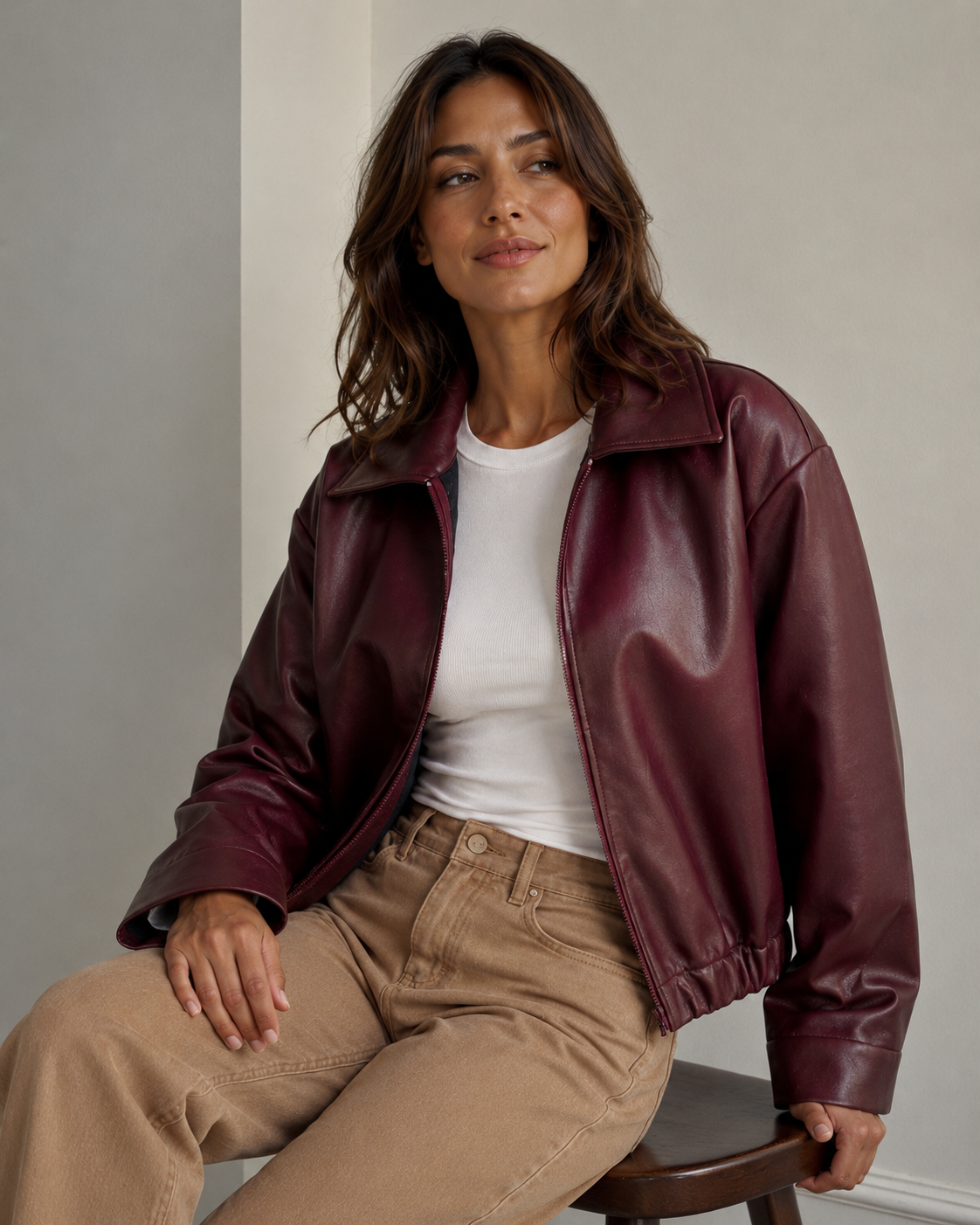 Burgundy faux leather bomber jacket