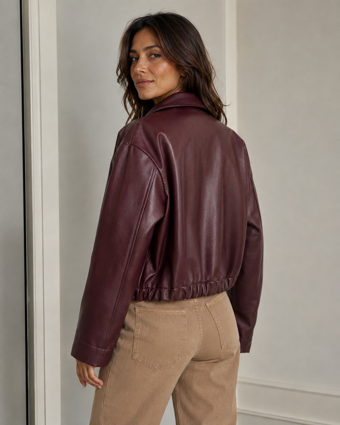 Burgundy faux leather bomber jacket