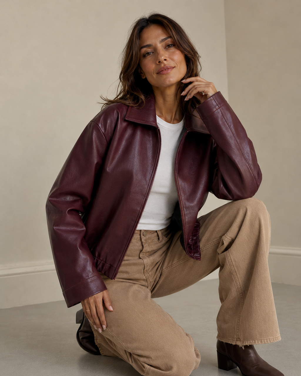 Burgundy faux leather bomber jacket