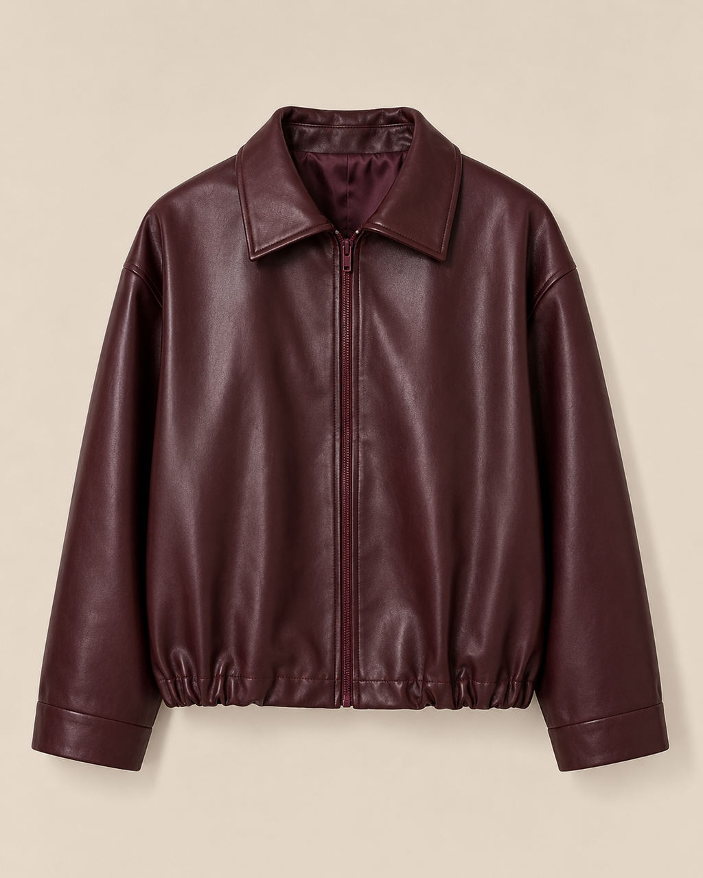 Burgundy faux leather bomber jacket