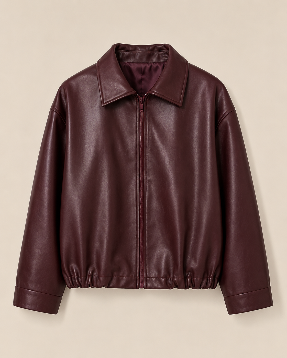 Burgundy faux leather bomber jacket