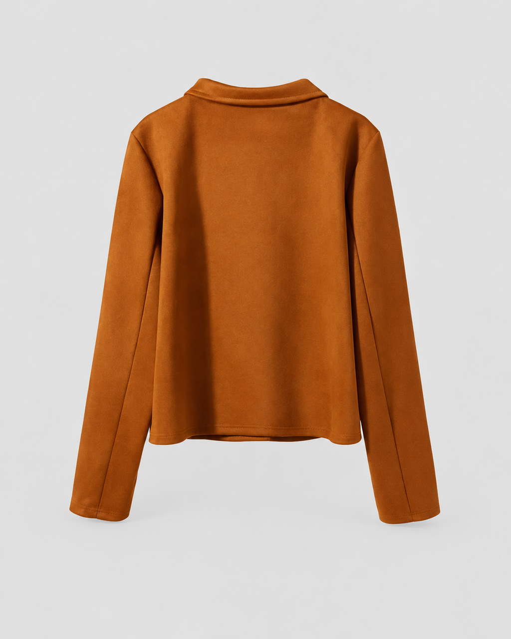 Faux Suede Cropped Collared Jacket in Rust, back view on its own