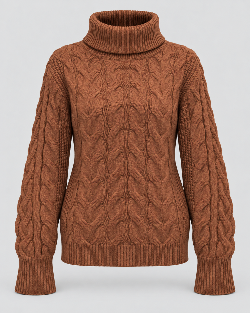 Cable Knit Turtleneck Jumper in Rust, front view on its own