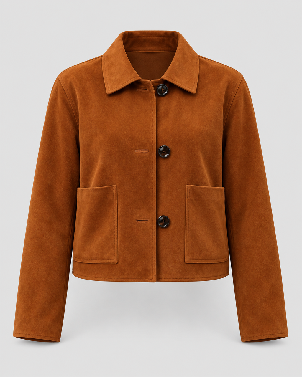 Faux Suede Cropped Collared Jacket in Rust, front view on its own