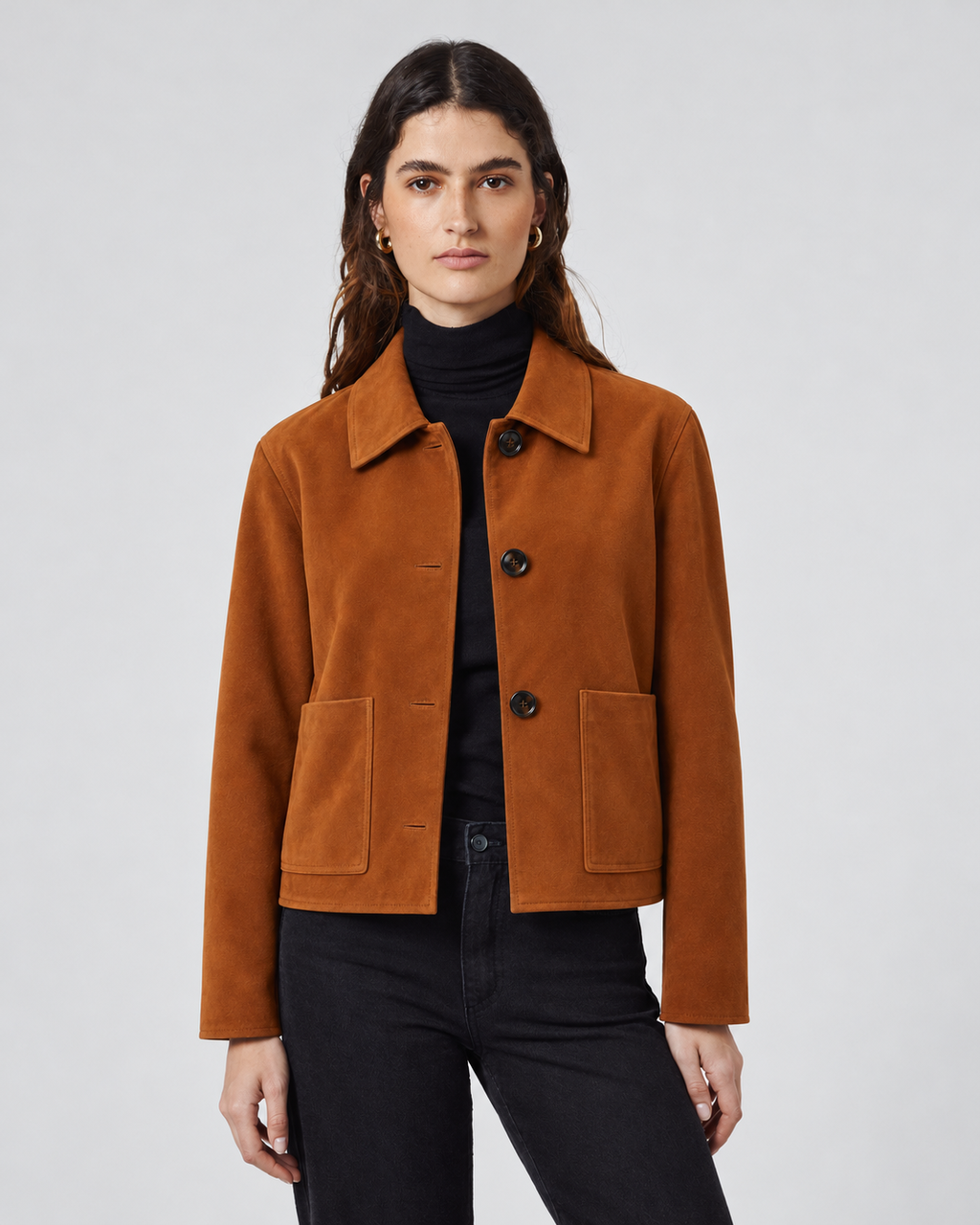Faux Suede Cropped Collared Jacket in Rust, front view on model