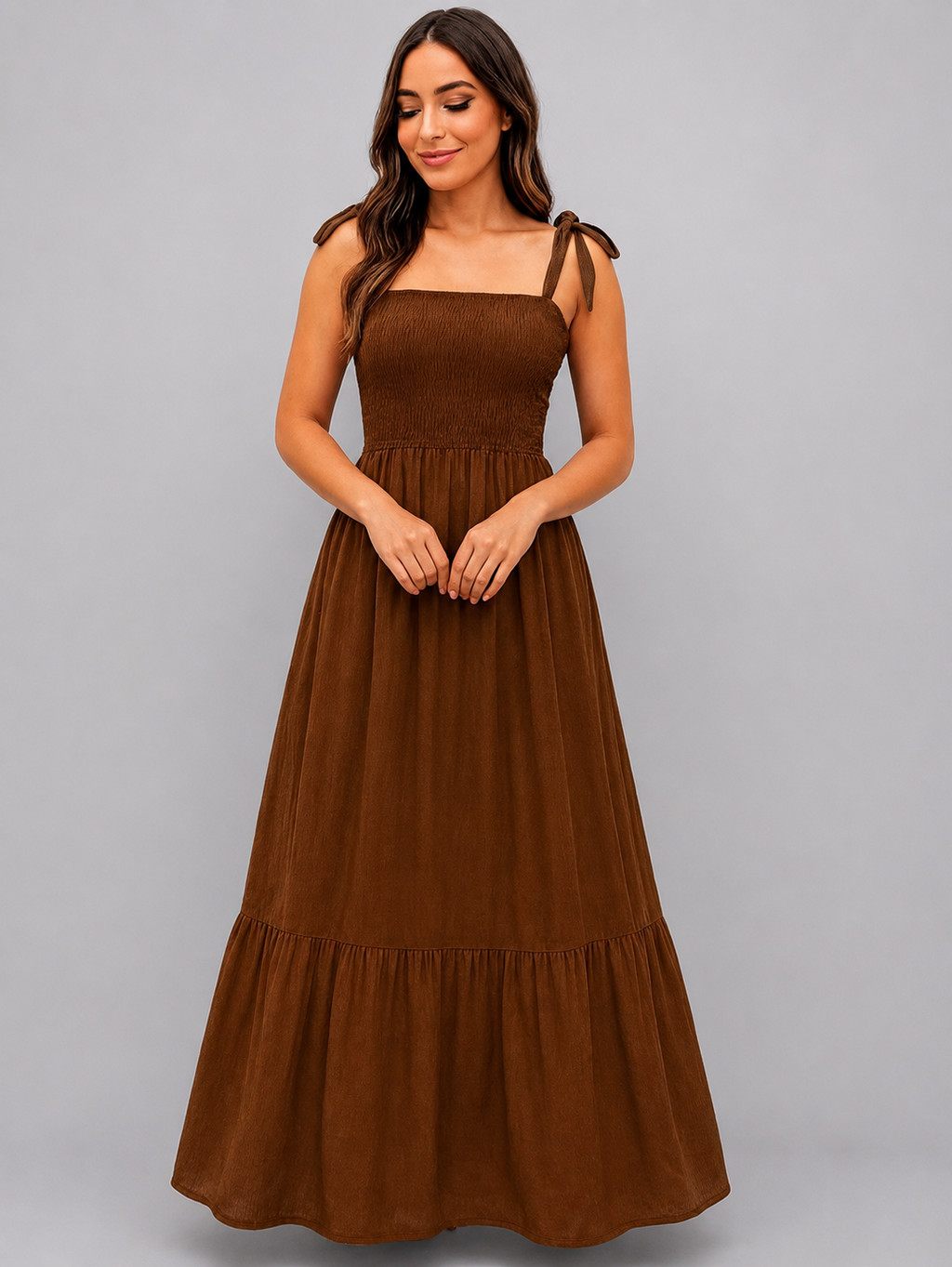 Model wearing the Chestnut Shirred Tie-Strap Tiered Maxi Dress, front view