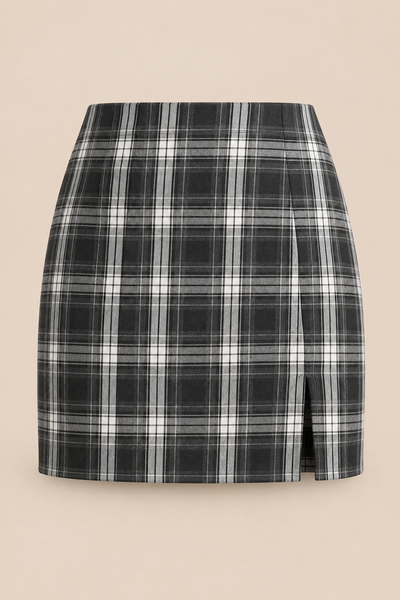Grey Tartan Split Mini Skirt laid flat