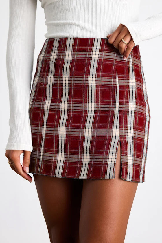 Burgundy Tartan Split Mini Skirt worn with a white ribbed top, front view showing the split