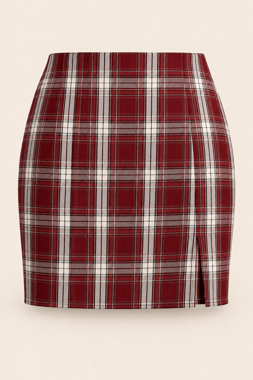 Burgundy Tartan Split Mini Skirt laid flat
